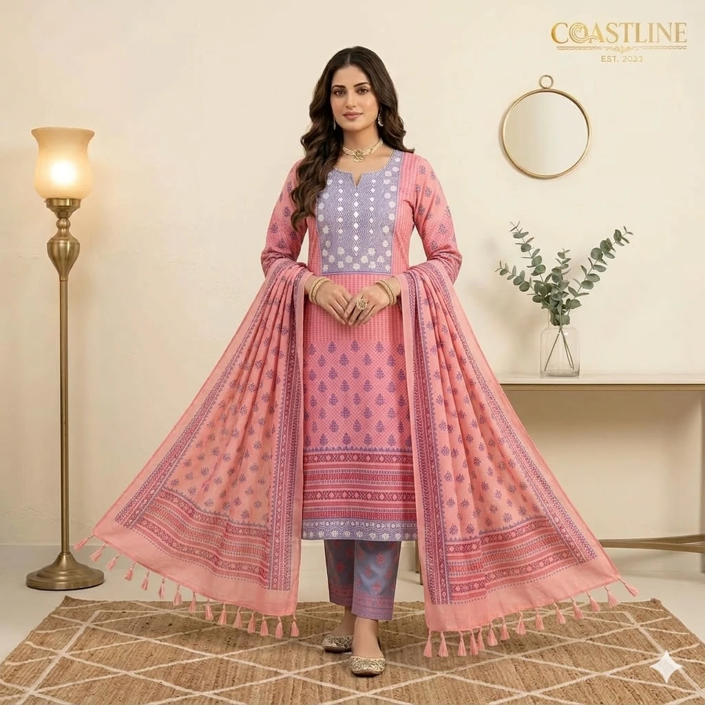 Peach Embroidered Cotton Three-Piece Salwar Kameez Set